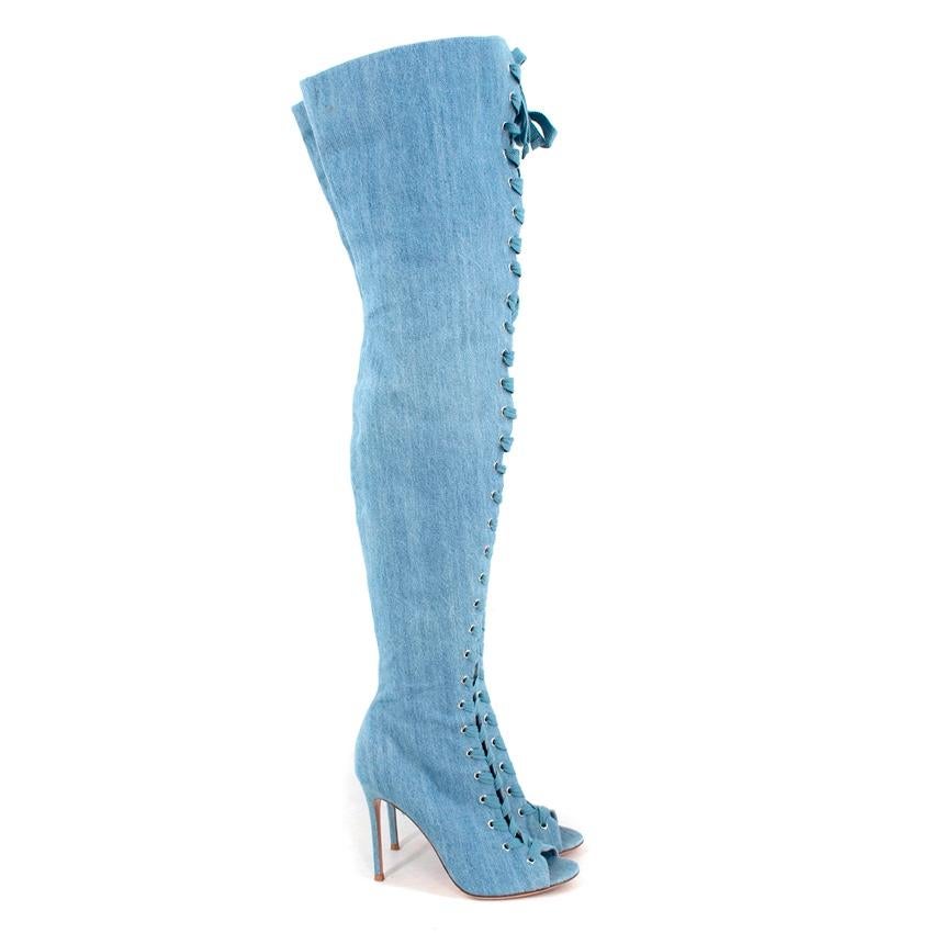 Gianvito Rossi Blue Denim Over The Knee Lace-Up Heeled Booties
 

 - Iconic bleach-washed denim itineration of the classic Gianvito Rossi lace up bootie, rendered in a tall, over-the-knee silhouette
 - Flat woven laces in a tonal light blue,
