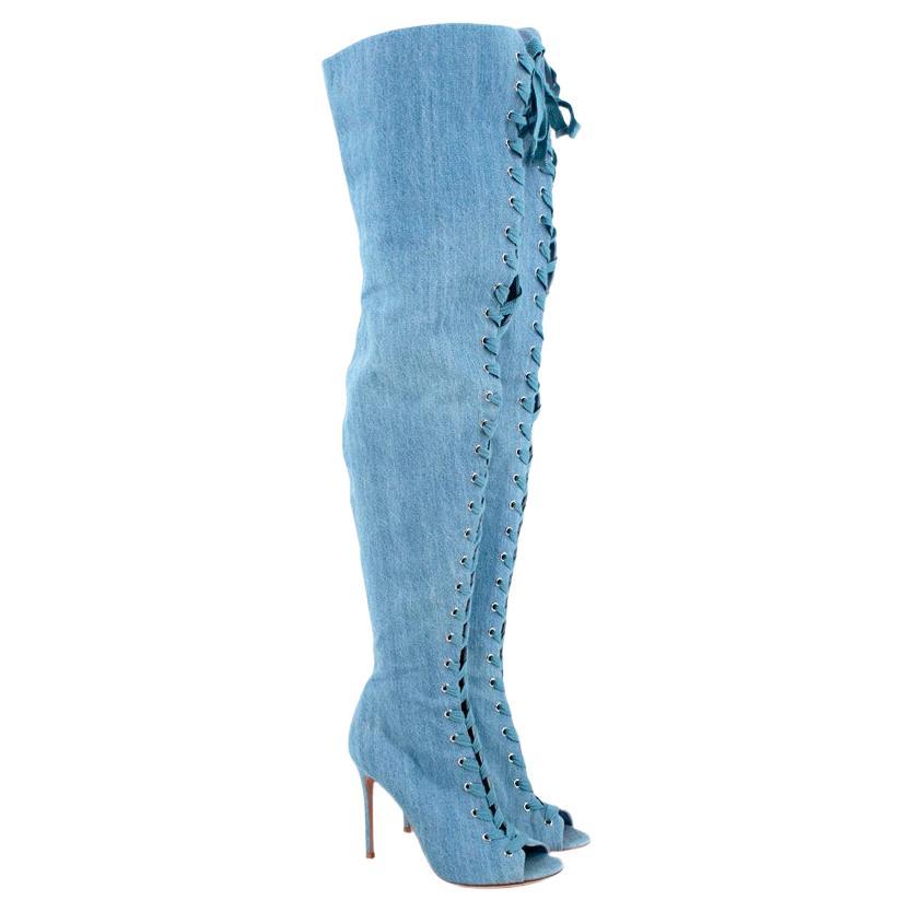 Gianvito Rossi Blue Denim Over The Knee Lace-Up Heeled Booties For Sale