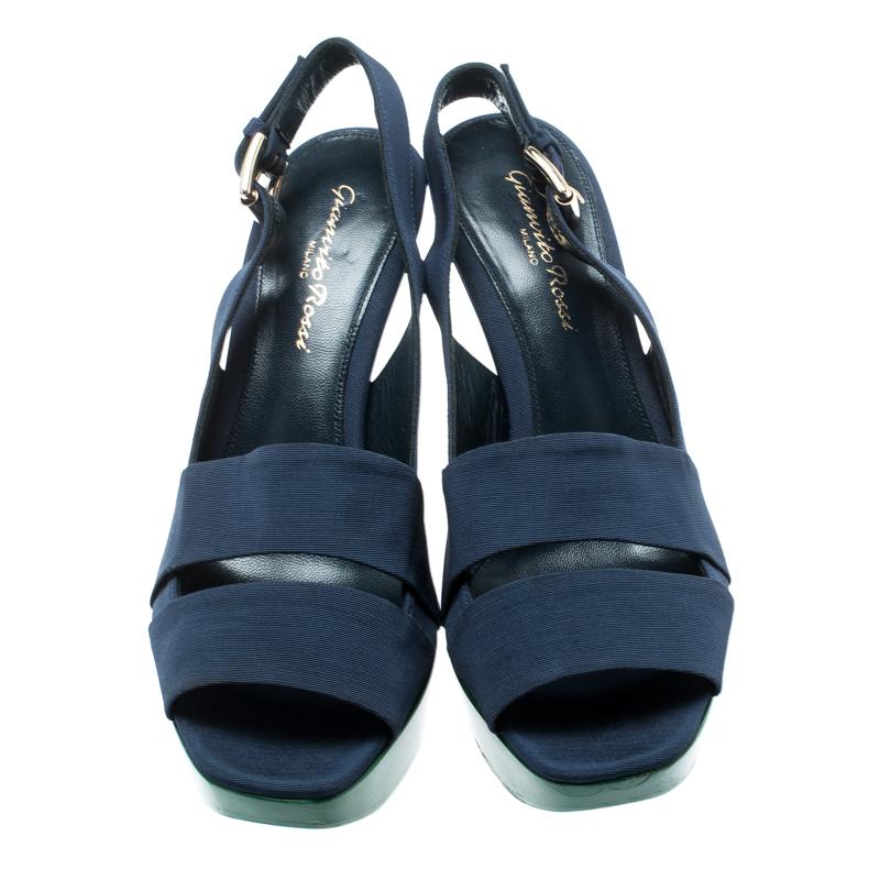 Black Gianvito Rossi Blue Fabric Backstrap Open Toe Wedge Sandals Size 37