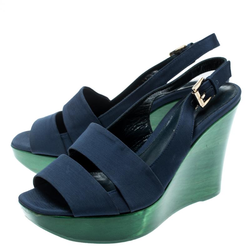 Women's Gianvito Rossi Blue Fabric Backstrap Open Toe Wedge Sandals Size 37