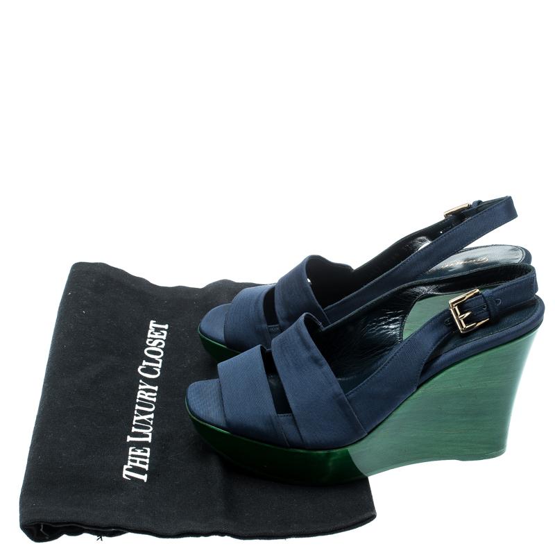 Gianvito Rossi Blue Fabric Backstrap Open Toe Wedge Sandals Size 37 3