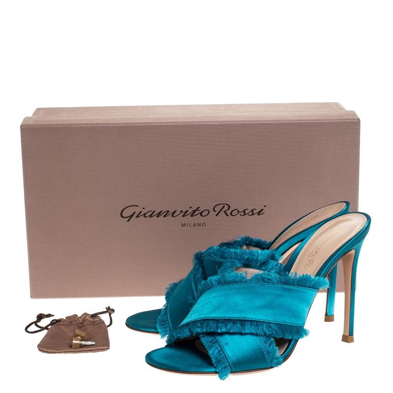 Gianvito Rossi Blue Frayed Satin Open Toe Slides Size 36.5 3