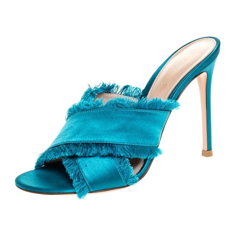 Gianvito Rossi Blue Frayed Satin Open Toe Slides Size 36.5 at 1stDibs