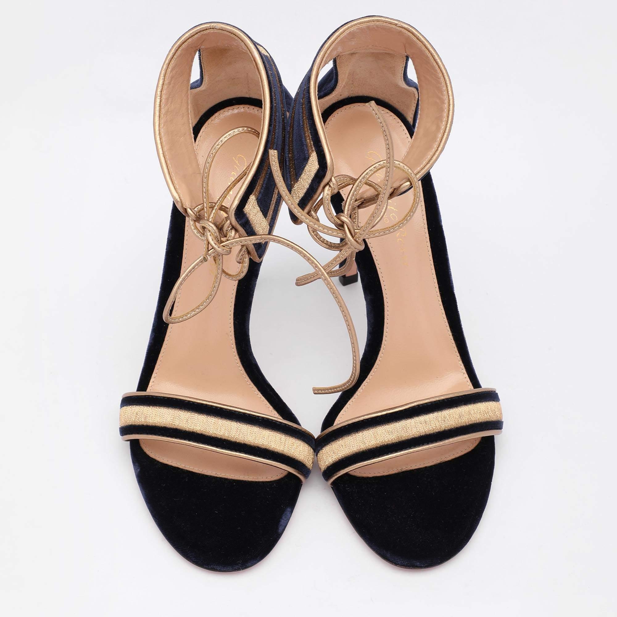 Brown Gianvito Rossi Blue/Gold Velvet and Leather Augusta Ankle Cuff Sandals Size 36 For Sale