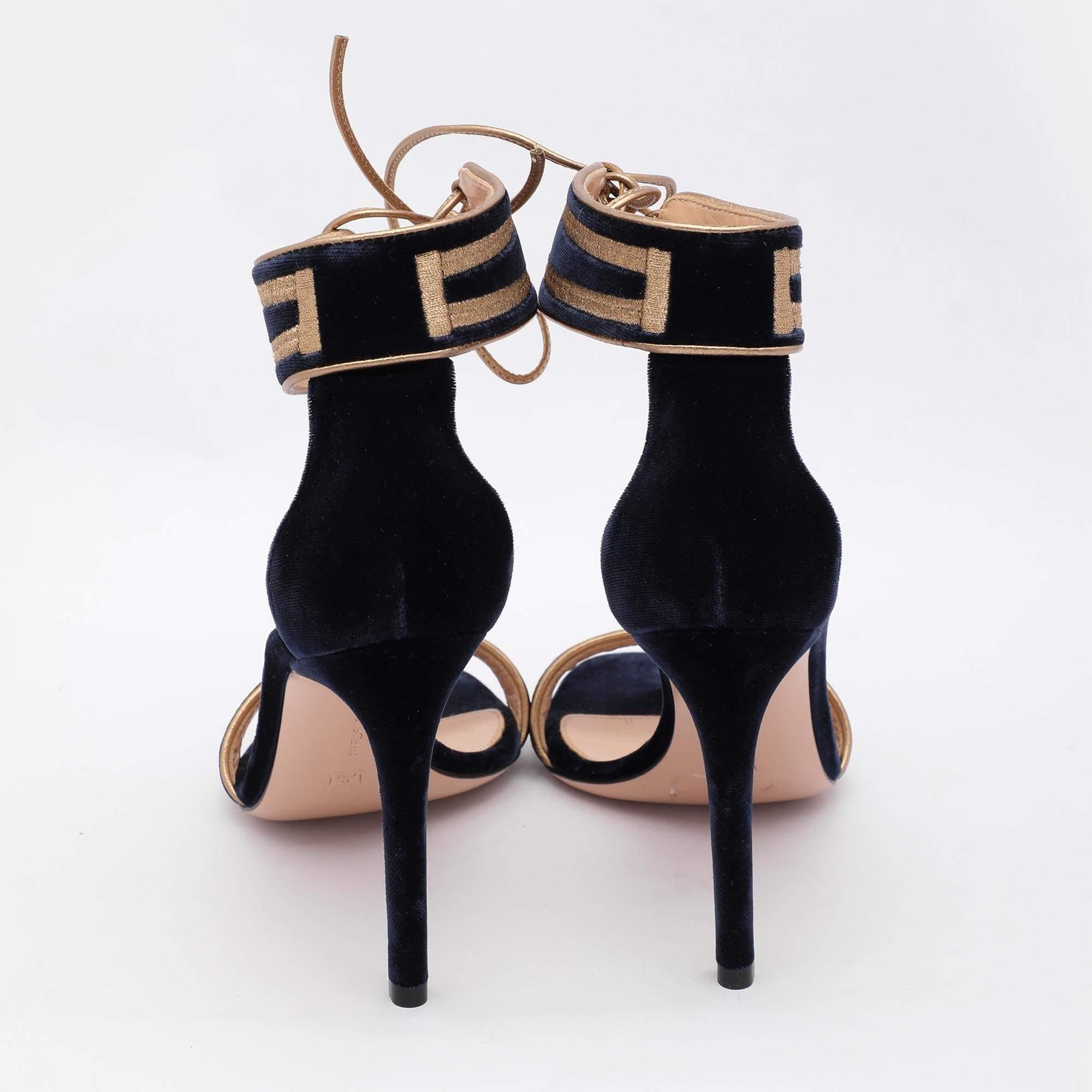 Women's Gianvito Rossi Blue/Gold Velvet and Leather Augusta Ankle Cuff Sandals Size 36 For Sale