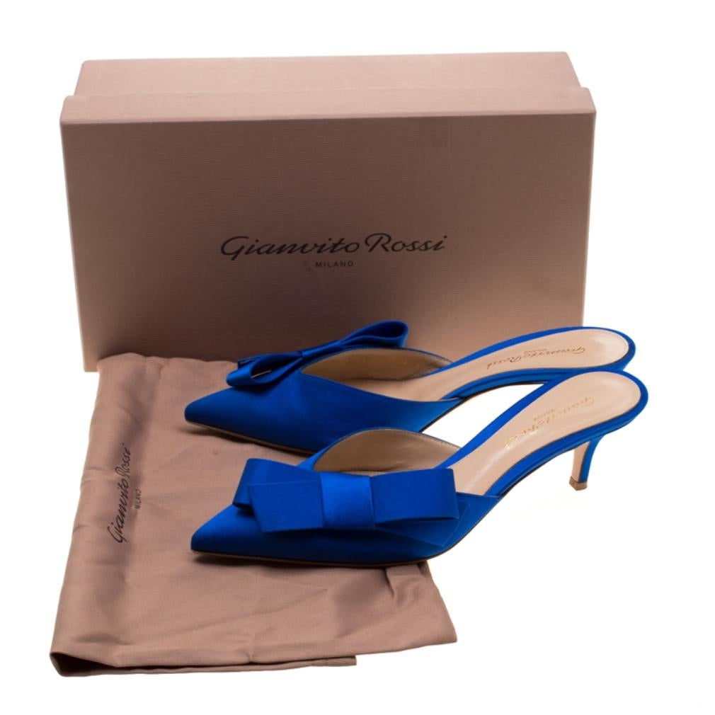 Gianvito Rossi Blue Satin Kyoto Bow Pointed Toe Slip On Mules Size 37.5 3