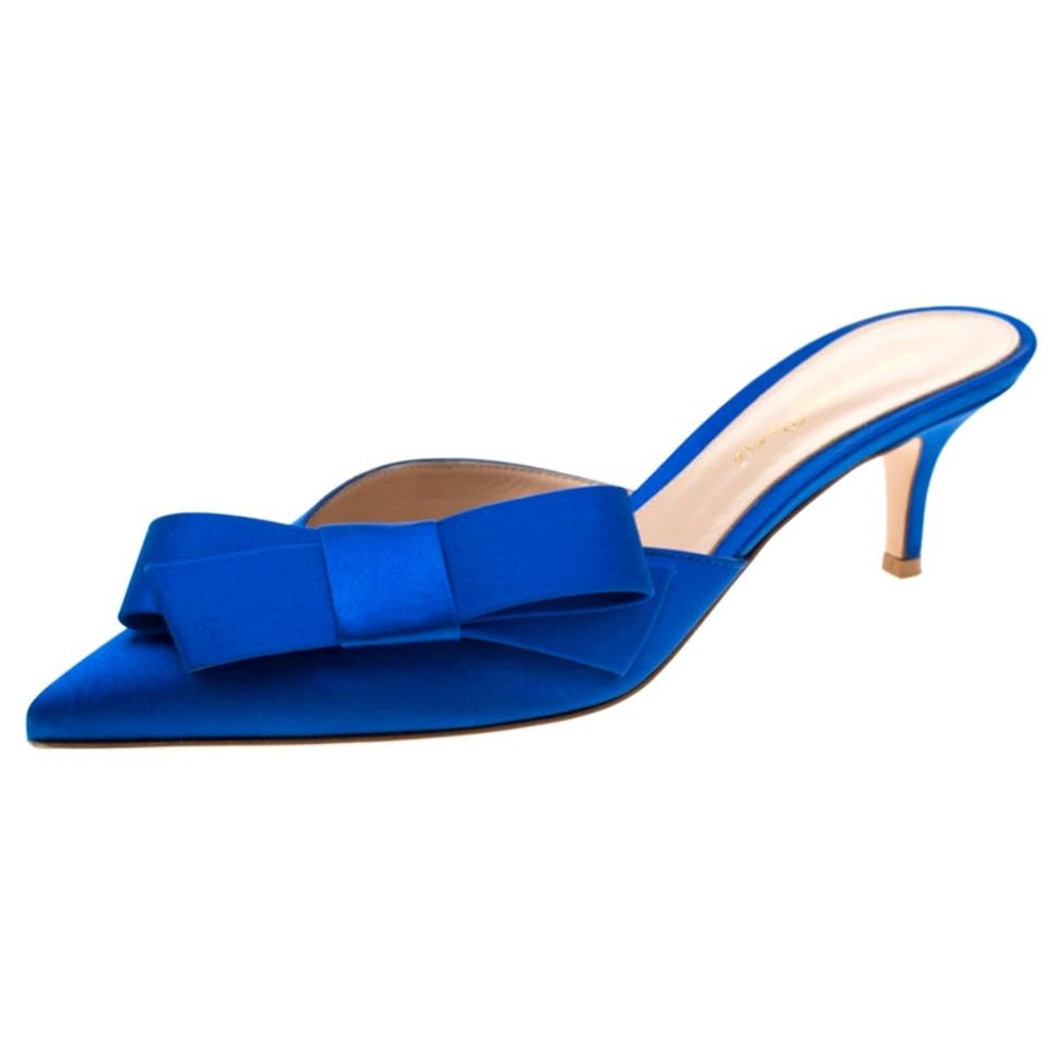 Gianvito Rossi Blue Satin Kyoto Bow Pointed Toe Slip On Mules Size 37.5