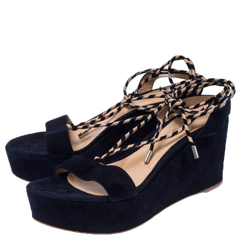 Gianvito Rossi Blue Suede Wedge Platform Ankle Wrap Sandals Size 39 2