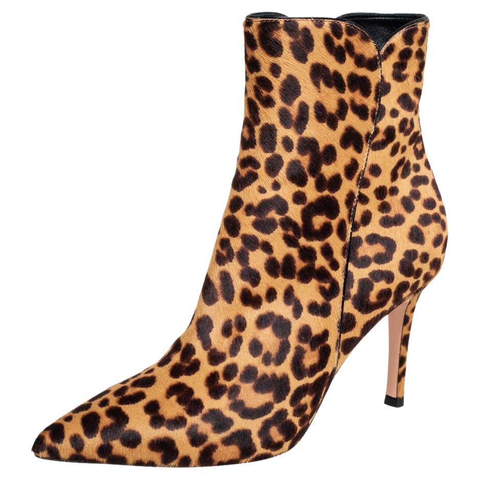 Gianvito Rossi Brown/Beige Leopard Print Calf Hair Ankle Boots Size 36.5 For Sale