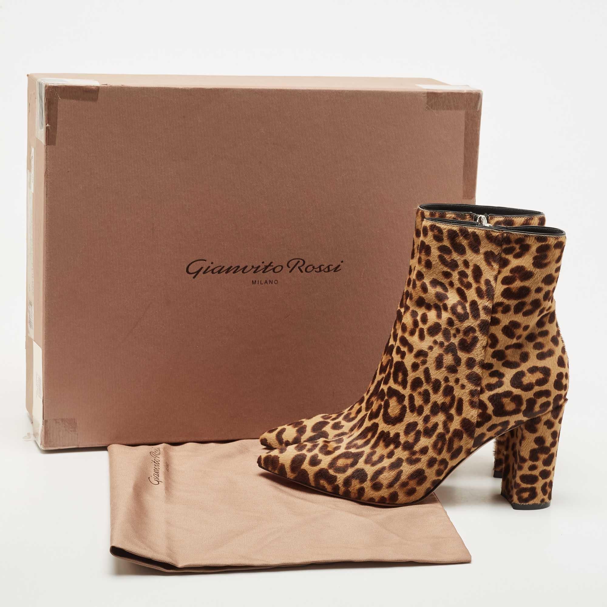 Gianvito Rossi Brown/Beige Leopard Prints Calf Hair Pointed Toe Ankle Booties Si 4