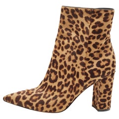 Gianvito Rossi Brown/Beige Leopard Prints Calf Hair Pointed Toe Ankle Booties Si