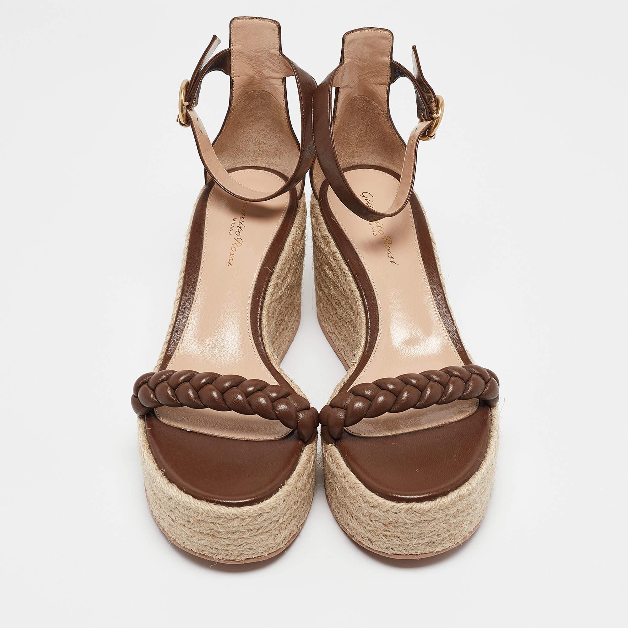 Gianvito Rossi Brown Braided Leather Merida Espadrille Wedge Sandals Size 40 In New Condition For Sale In Dubai, Al Qouz 2
