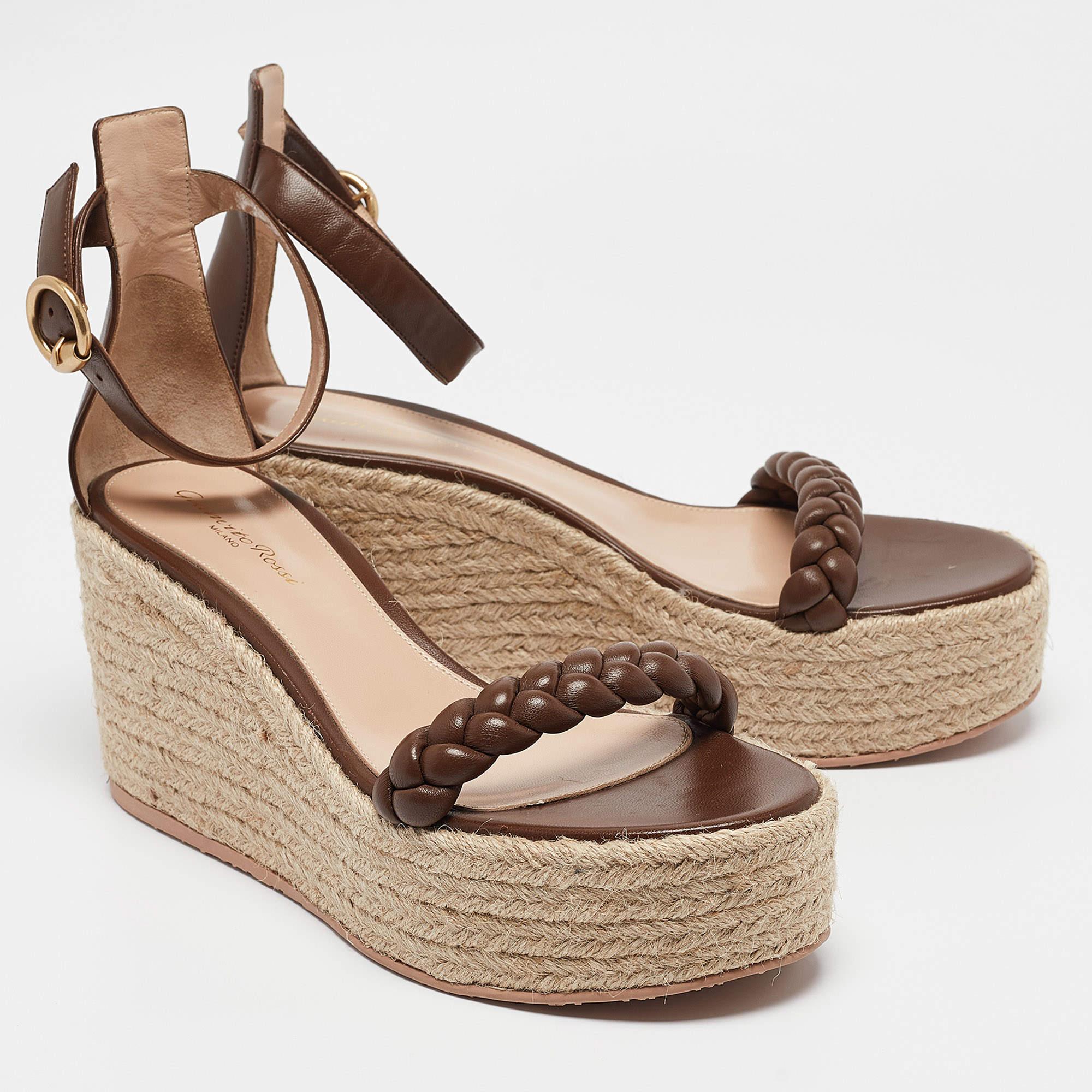 Women's Gianvito Rossi Brown Braided Leather Merida Espadrille Wedge Sandals Size 40 For Sale