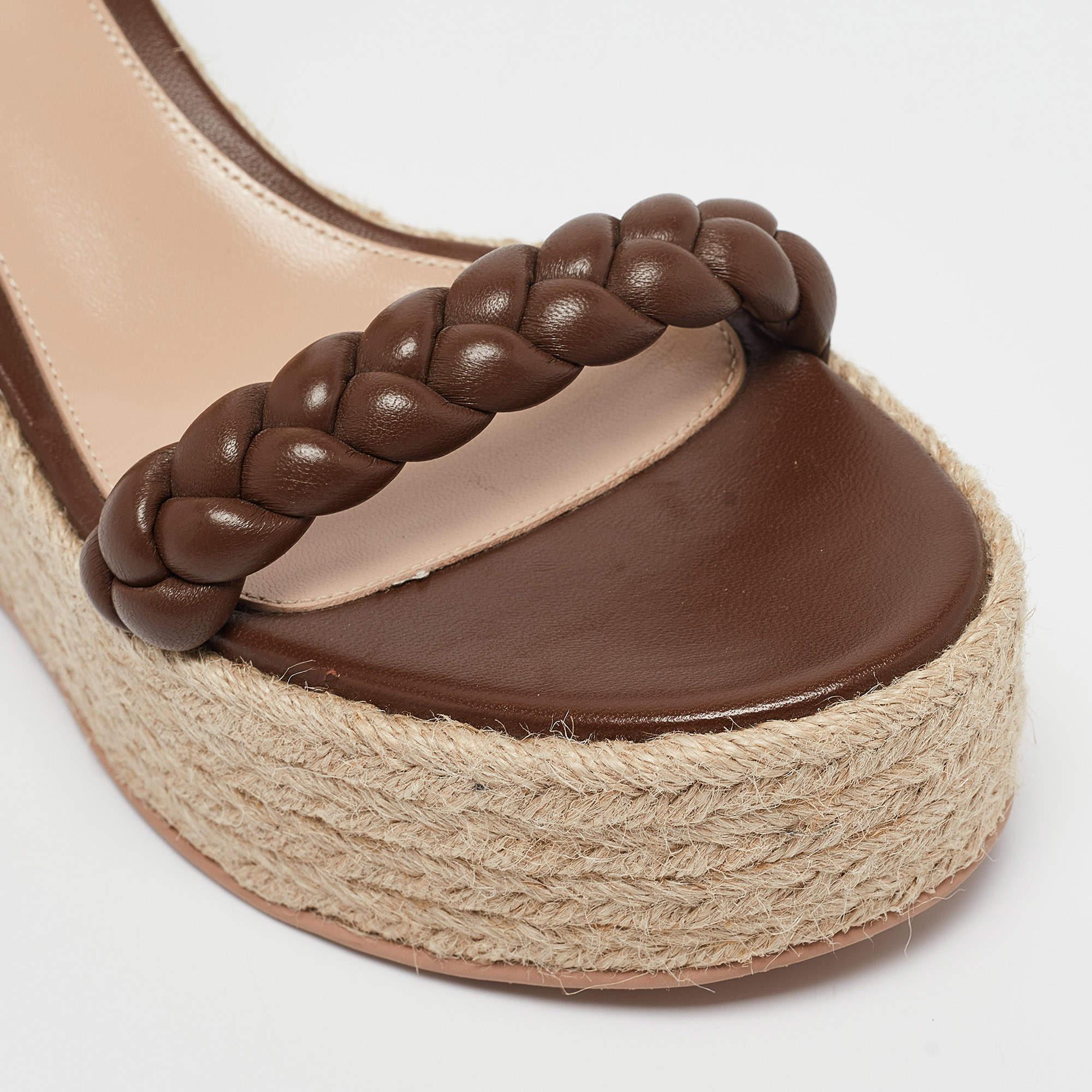 Gianvito Rossi Brown Braided Leather Merida Espadrille Wedge Sandals Size 40 For Sale 3