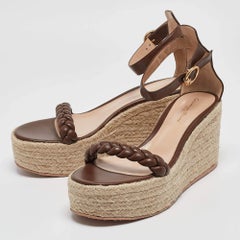 Gianvito Rossi Brown Braided Leather Merida Espadrille Wedge Sandals Size 40.5
