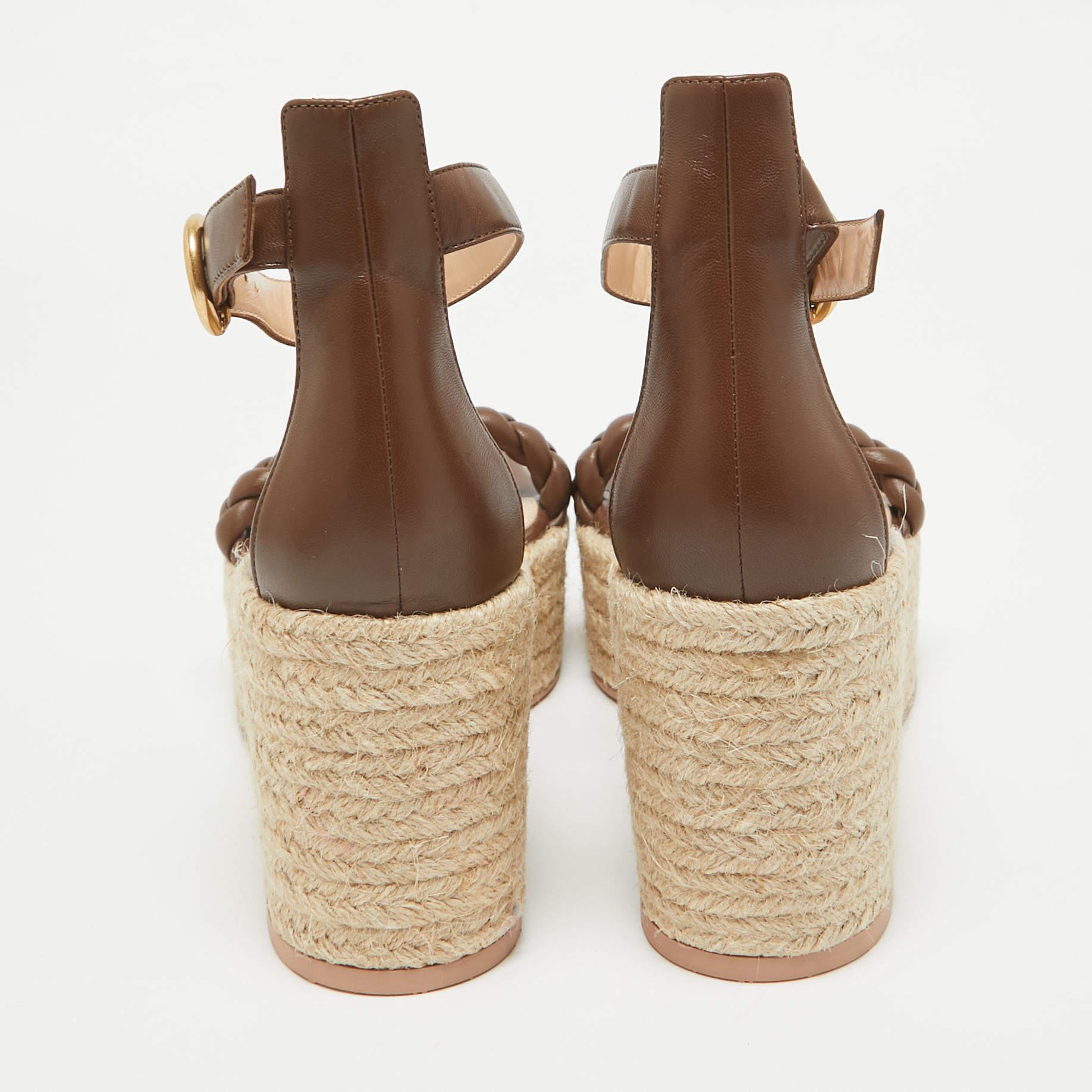 Women's Gianvito Rossi Brown Braided Leather Merida Espadrille Wedge Sandals Size 40.5 For Sale