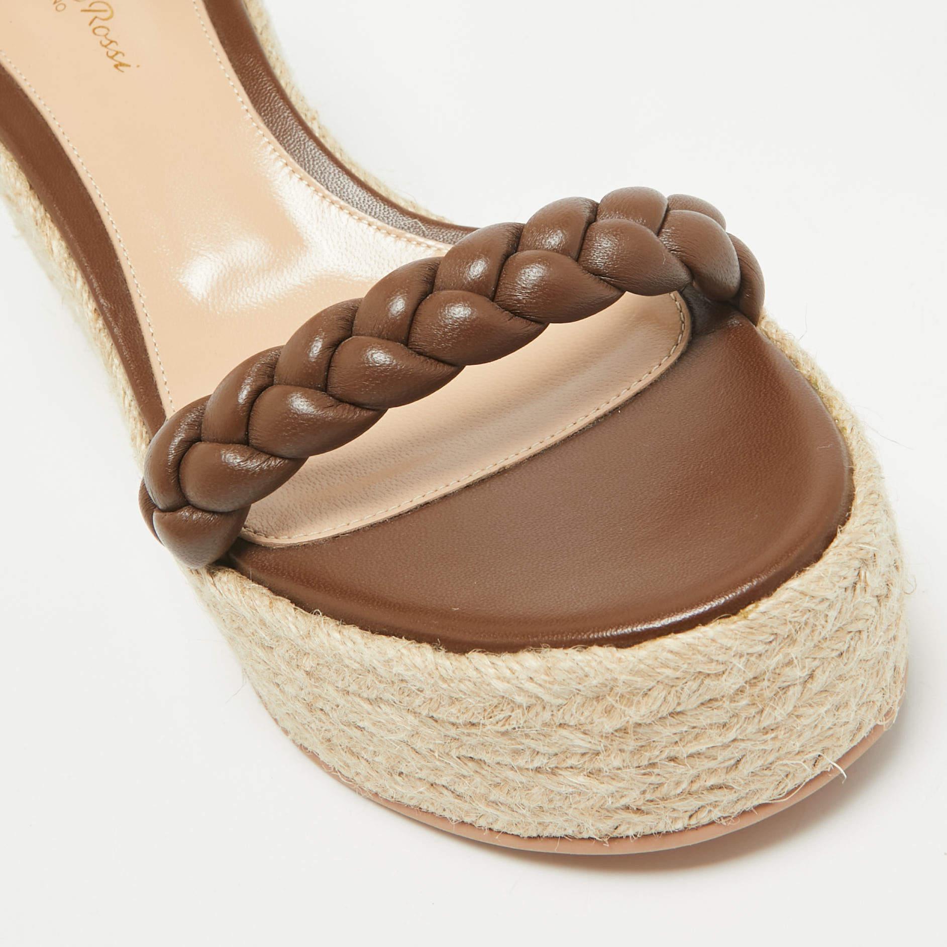 Gianvito Rossi Brown Braided Leather Merida Espadrille Wedge Sandals Size 40.5 For Sale 2