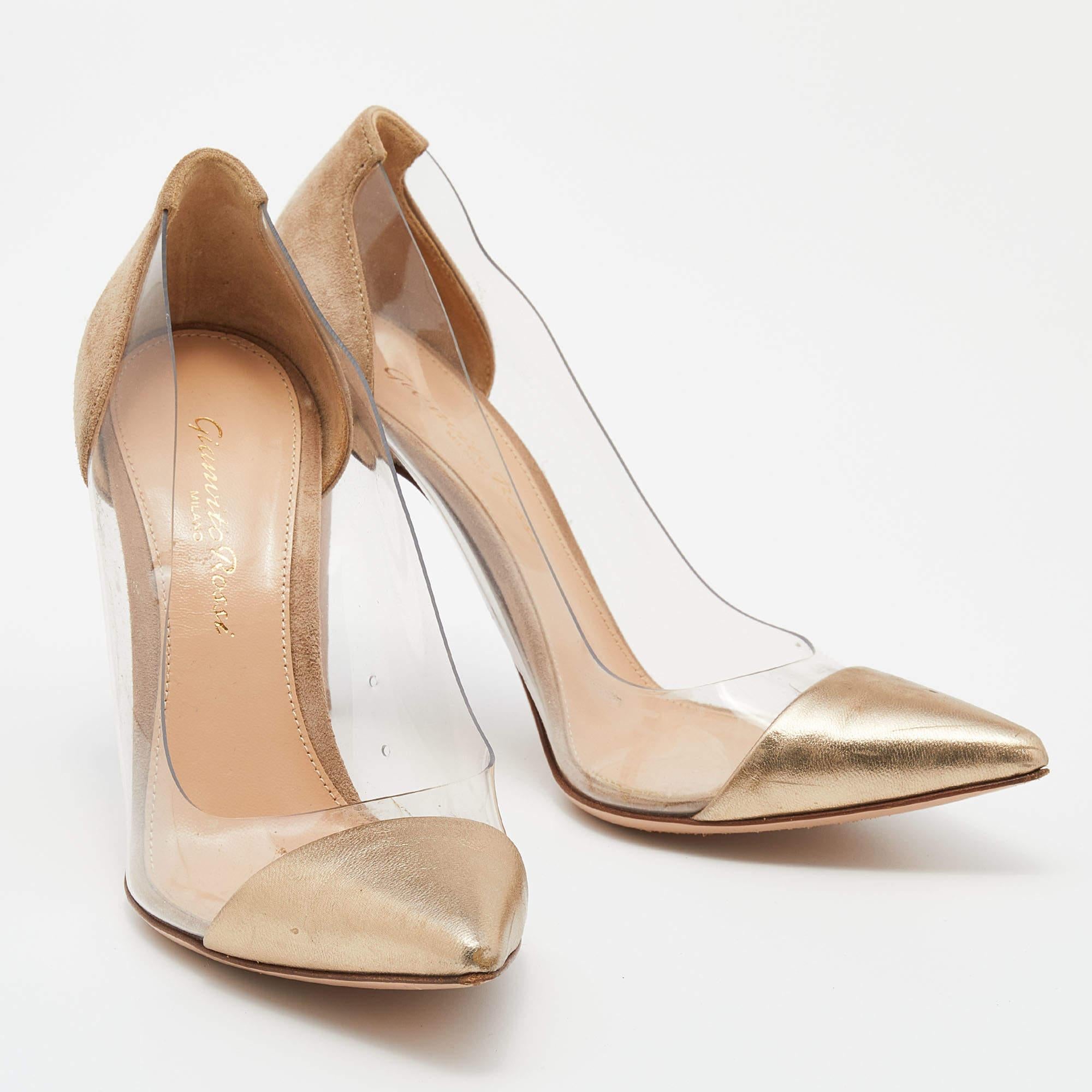Gianvito Rossi Brown/Gold Suede Leather And PVC Plexi Pumps Size 35.5 In Good Condition In Dubai, Al Qouz 2