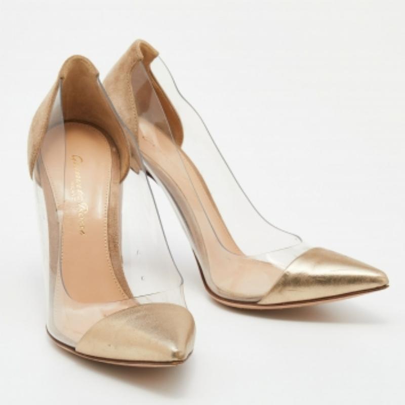 Gianvito Rossi Brown/Gold Suede Leather And PVC Plexi Pumps Size 35.5 In Good Condition For Sale In Dubai, Al Qouz 2
