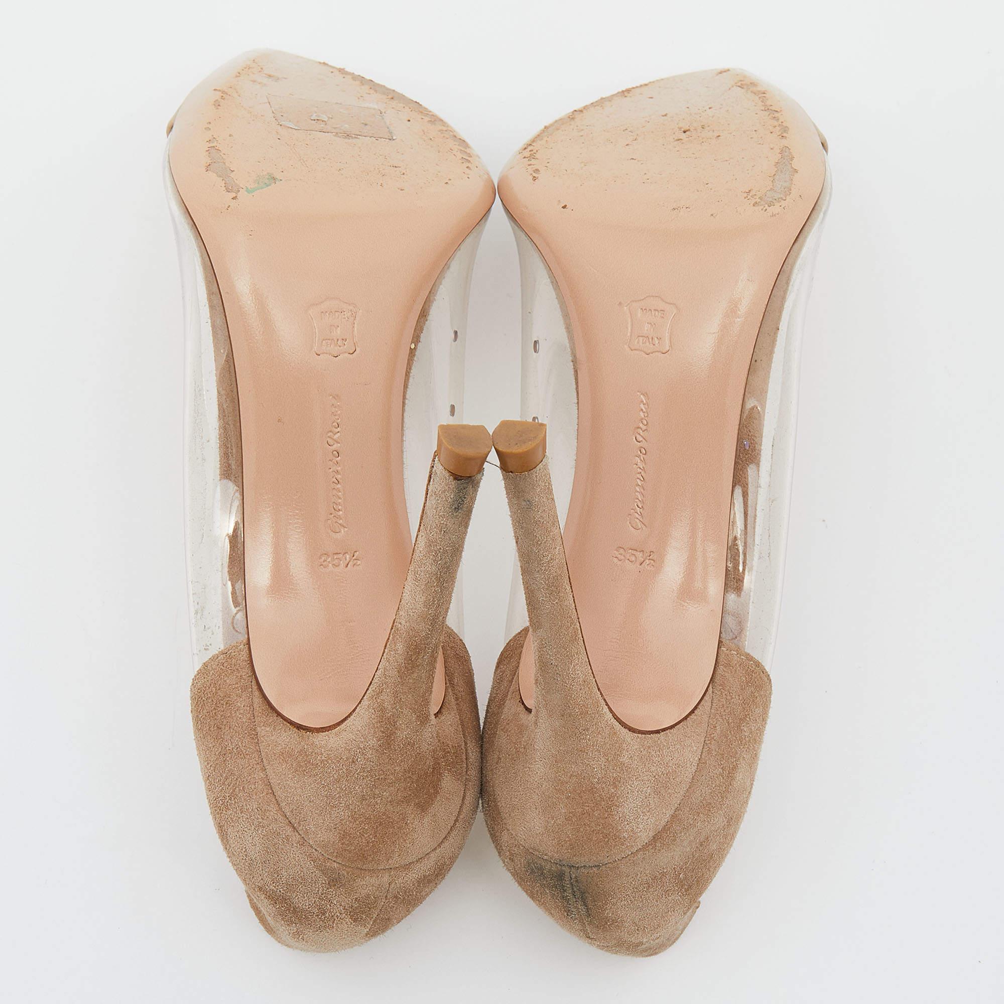 Gianvito Rossi Brown/Gold Suede Leather And PVC Plexi Pumps Size 35.5 1