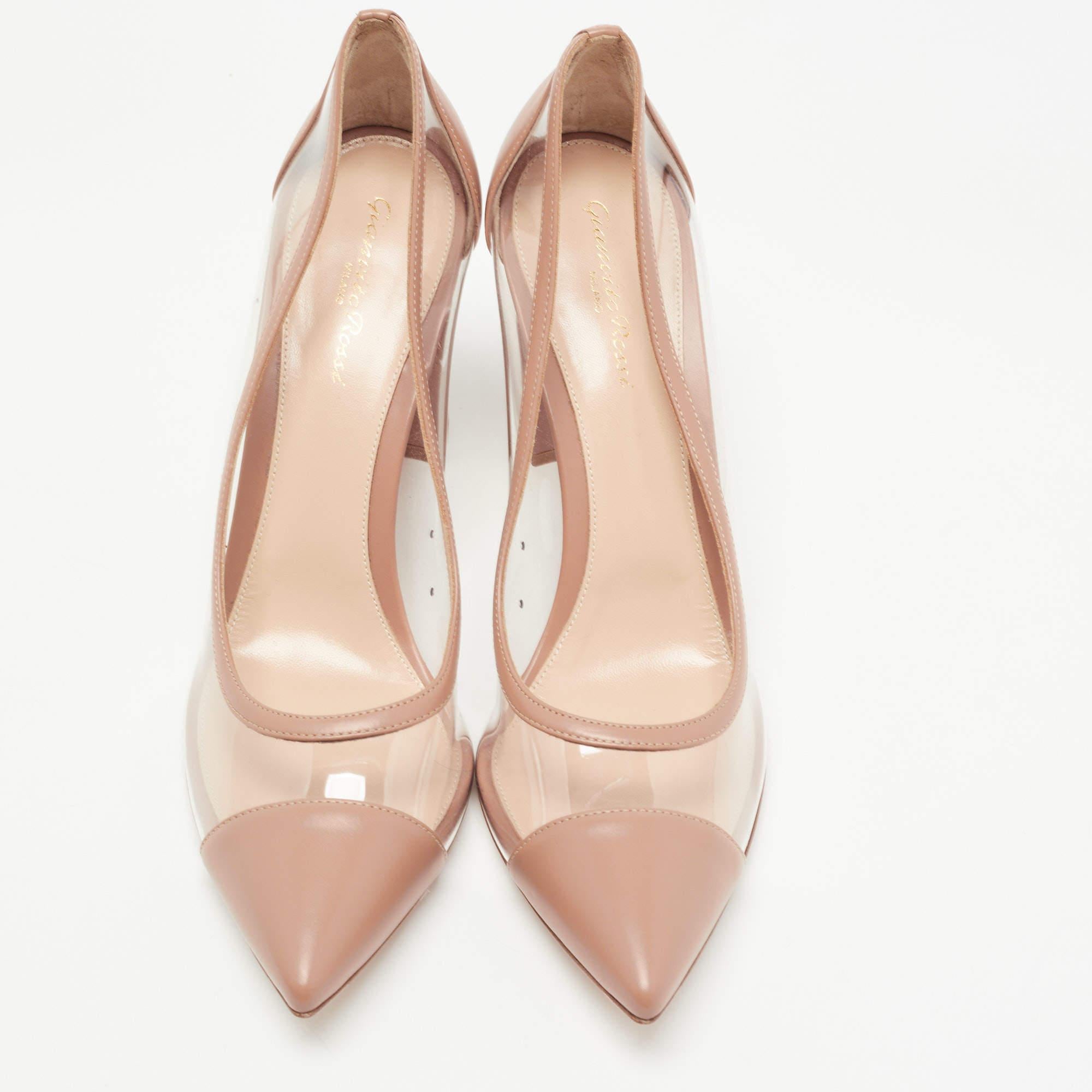 Gianvito Rossi's timeless aesthetic and stellar craftsmanship in shoemaking is evident in these stunning Plexi pumps. Crafted from nude beige patent leather on the pointed toes and heel counters, they are adorned with transparent PVC for a minimal