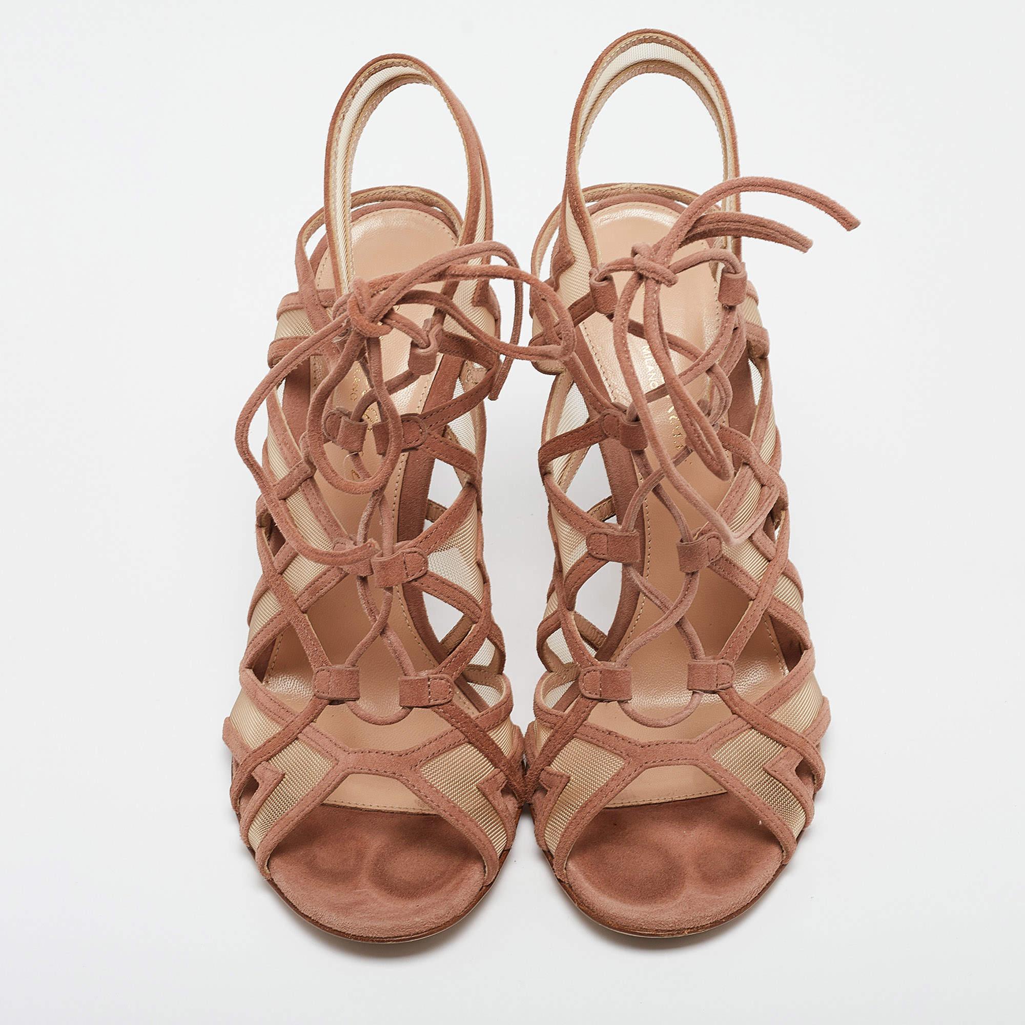 Gianvito Rossi Brown Suede and Mesh Adria Sandals Size 37.5 In Good Condition For Sale In Dubai, Al Qouz 2