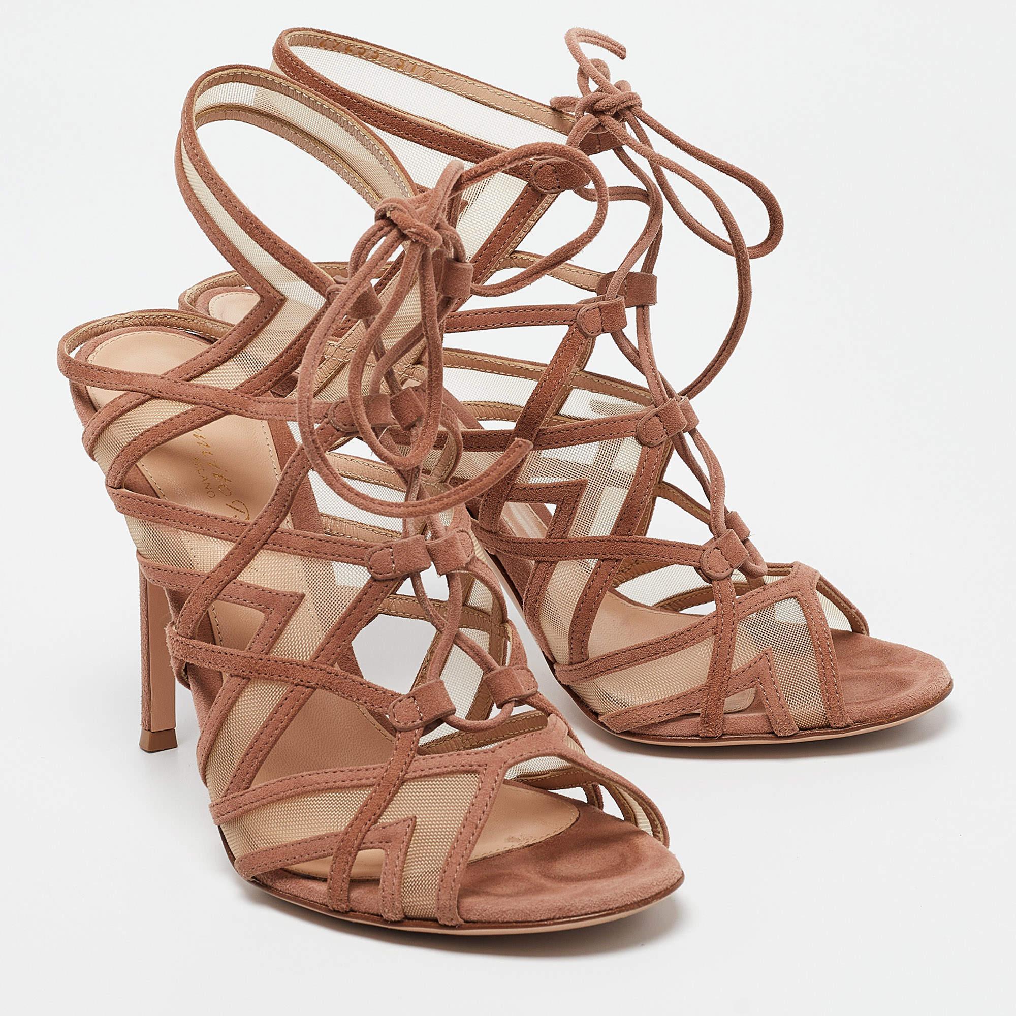 Women's Gianvito Rossi Brown Suede and Mesh Adria Sandals Size 37.5 For Sale