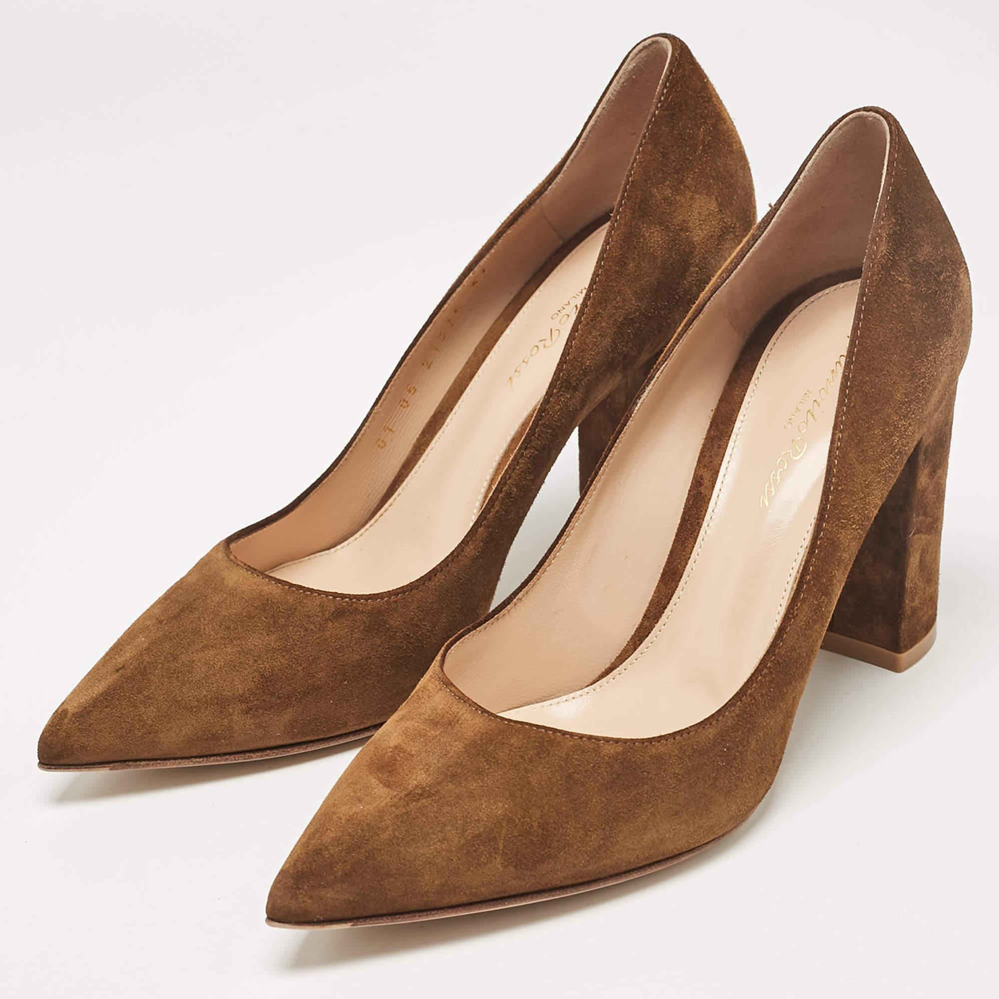 Make a chic style statement with these designer pumps. They showcase sturdy heels and durable soles perfect for your fashionable outings