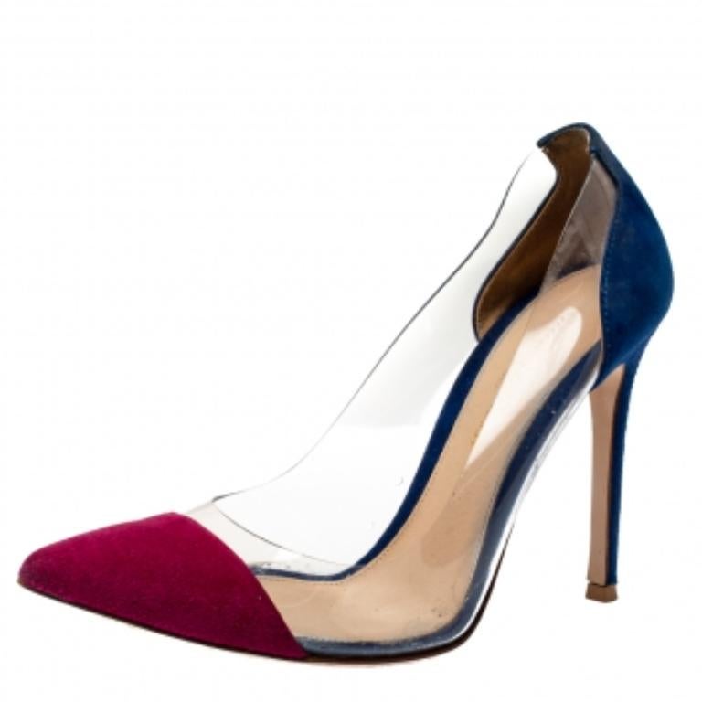 Beige Gianvito Rossi Burgundy/Blue Suede and PVC Plexi Pumps Size 36 For Sale