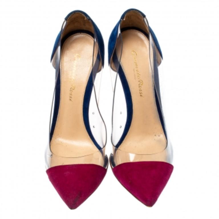 Gianvito Rossi Burgundy/Blue Suede and PVC Plexi Pumps Size 36 In Fair Condition For Sale In Dubai, Al Qouz 2