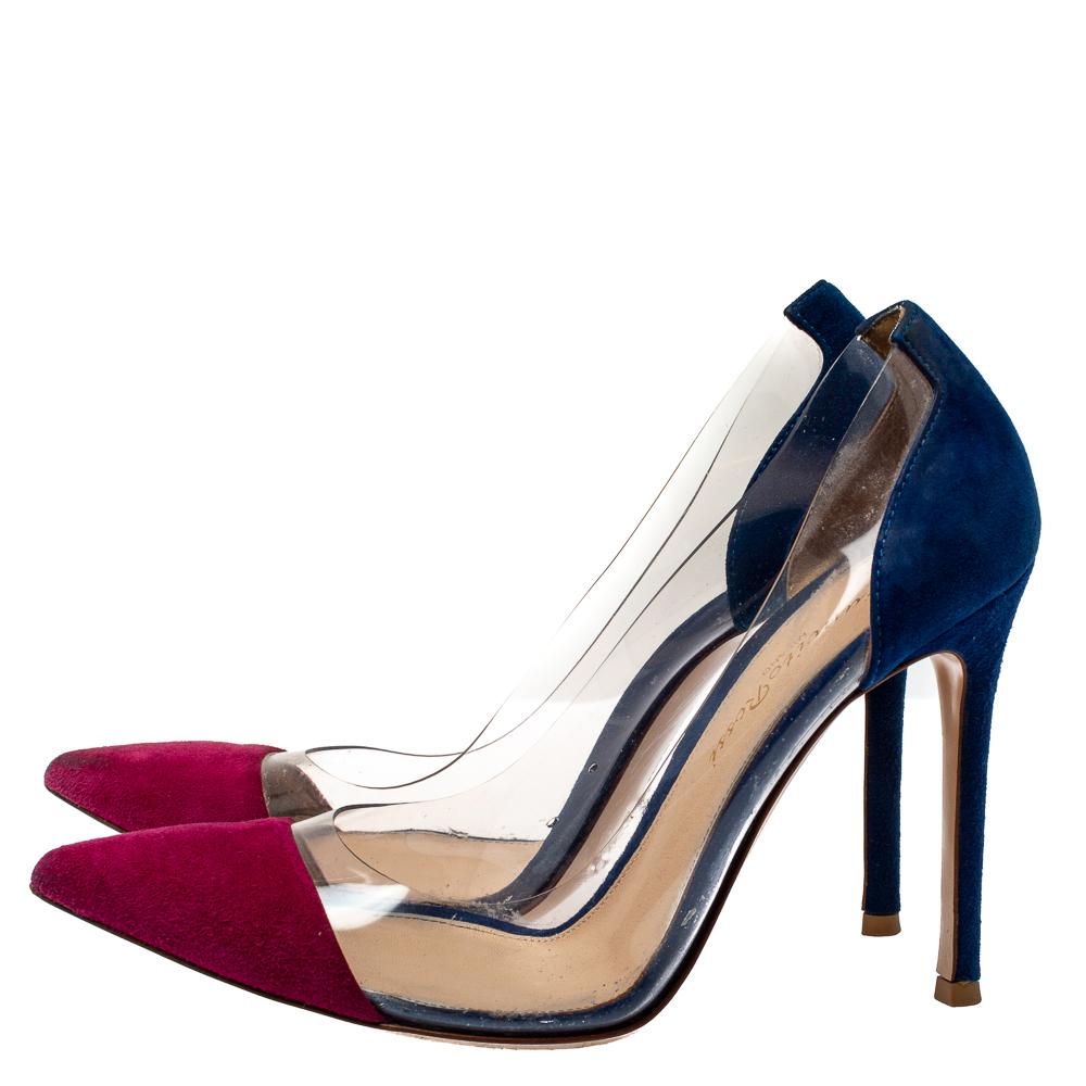 Beige Gianvito Rossi Burgundy/Blue Suede and PVC Plexi Pumps Size 36 For Sale