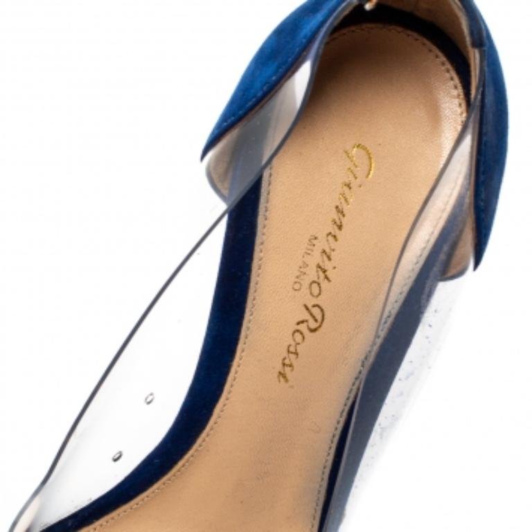 Women's Gianvito Rossi Burgundy/Blue Suede and PVC Plexi Pumps Size 36 For Sale
