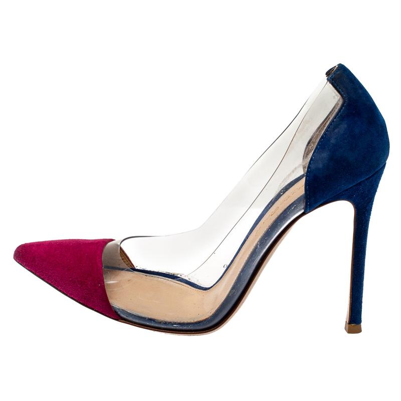 Gianvito Rossi Burgundy/Blue Suede and PVC Plexi Pumps Size 36 For Sale