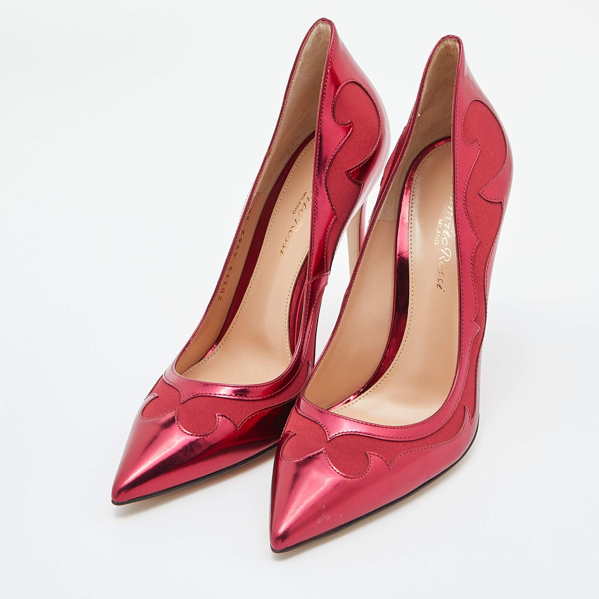 Gianvito Rossi Burgundy Laser Cut Leather and Satin Pointed Toe Pumps Size 38 In Good Condition For Sale In Dubai, Al Qouz 2