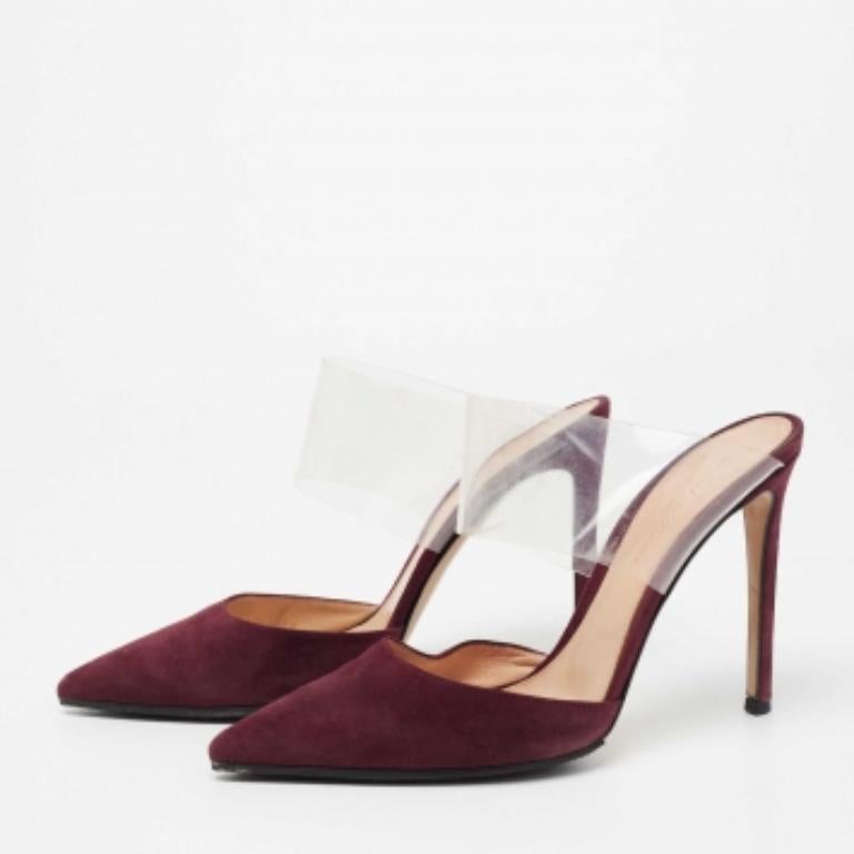 Gris Gianvito Rossi - Mules à bout pointu en daim et plexiglas PVC bordeaux, taille 38 en vente