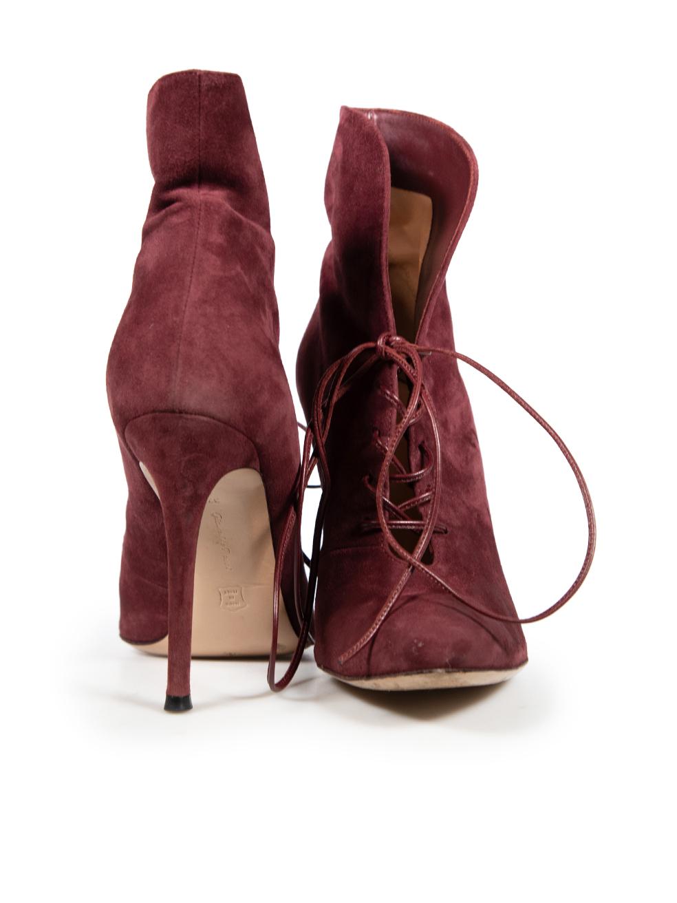 Brown Gianvito Rossi Burgundy Suede Lace Up Ankle Boots Size IT 37 For Sale
