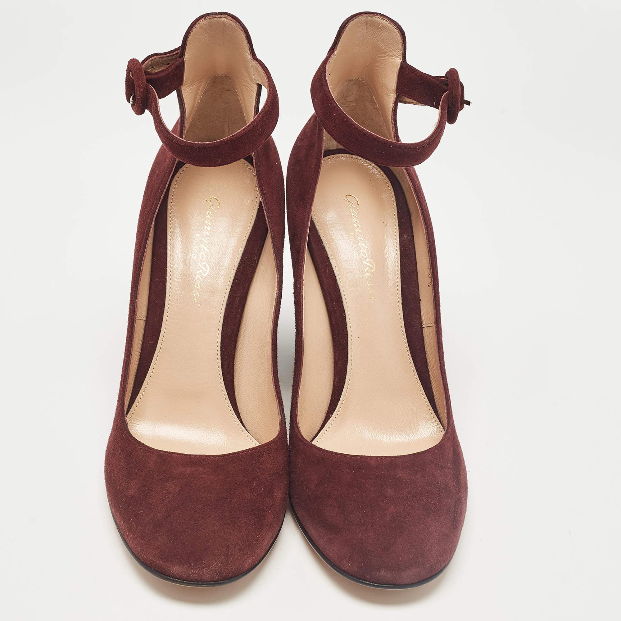 Brown Gianvito Rossi Burgundy Suede Mary Jane Pumps 38.5 For Sale