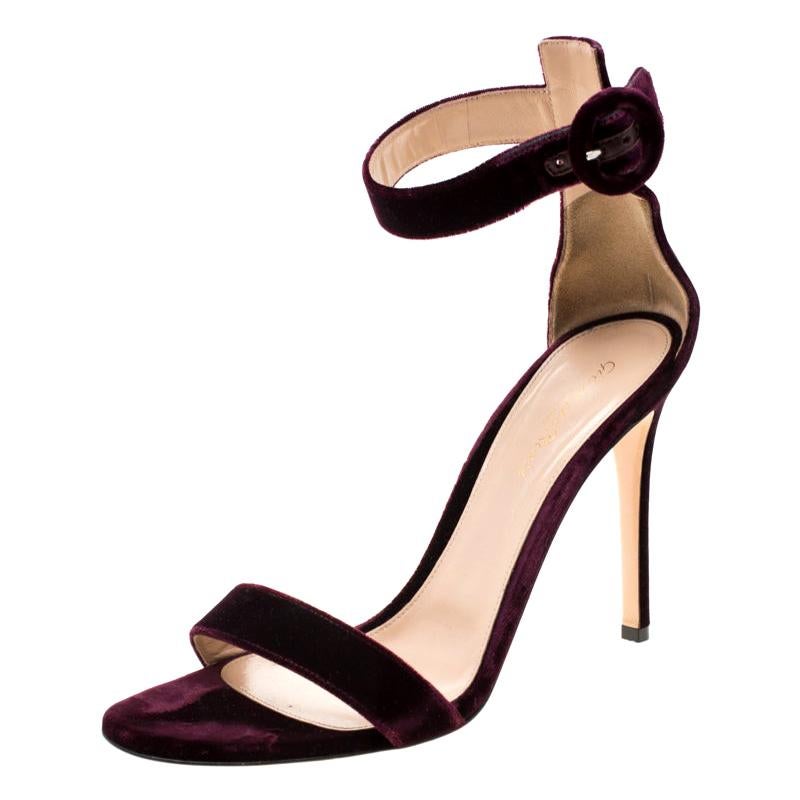 Gianvito Rossi Burgundy Velvet Portofino Ankle Strap Sandals Size 40