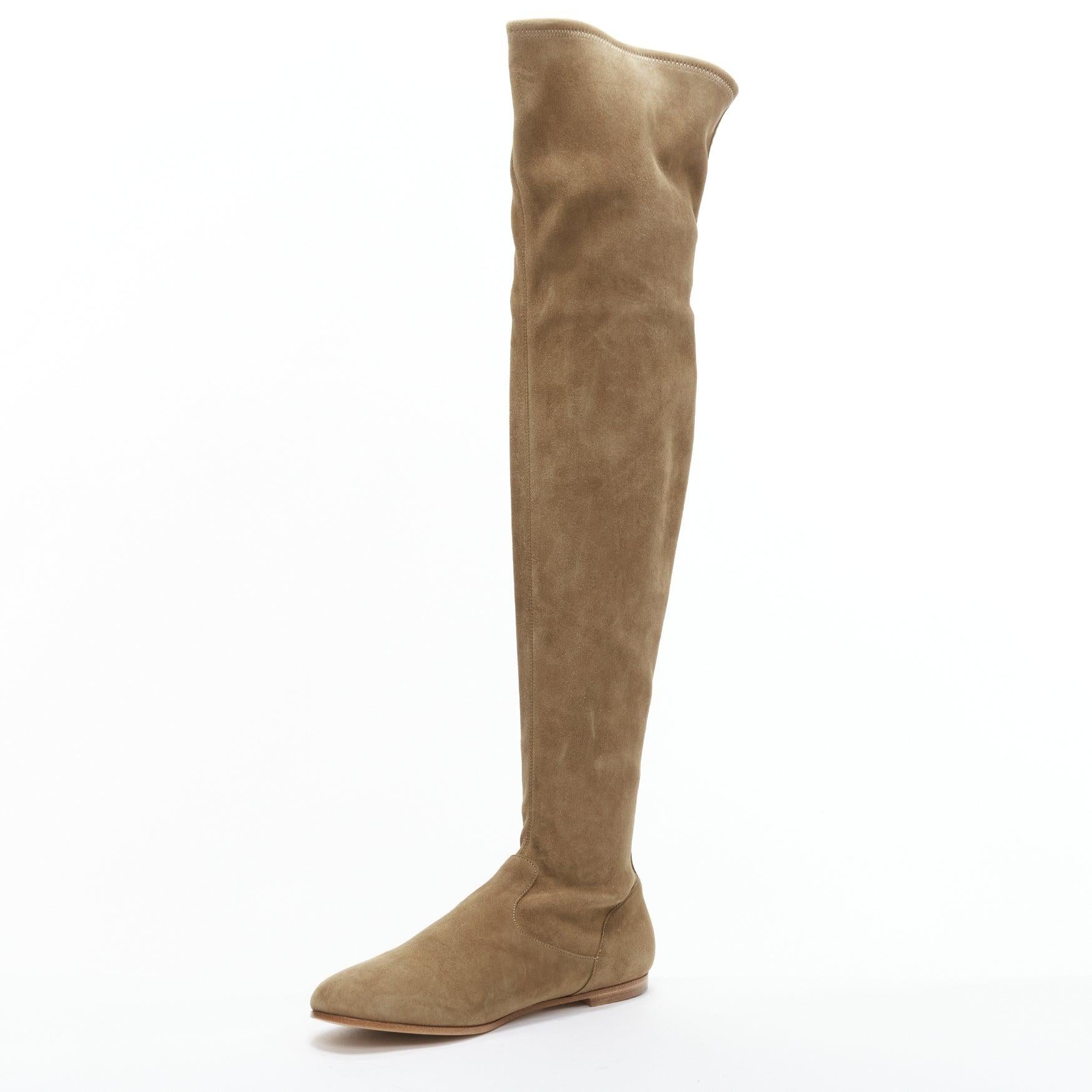 GIANVITO ROSSI Camoscio brown suede flat thigh high boots EU37 In Good Condition For Sale In Hong Kong, NT