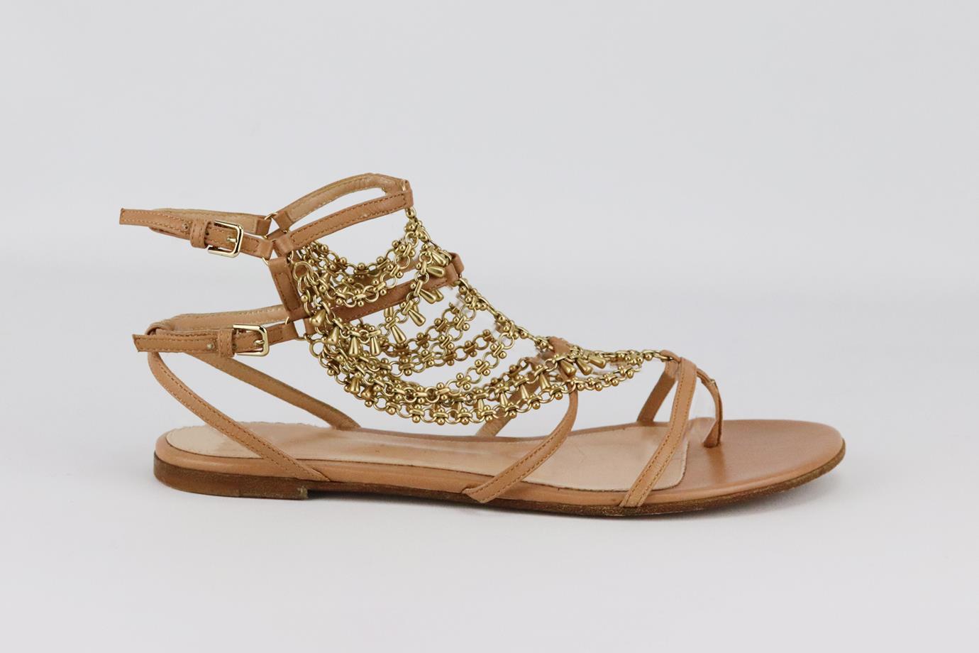 Gianvito Rossi chain embellished leather sandals. Nude. Buckle fastening at side. Does not come with box or dustbag. Size: EU 38 (UK 5, US 8). Insole: 9.4 in. Heel: 0.5 in
