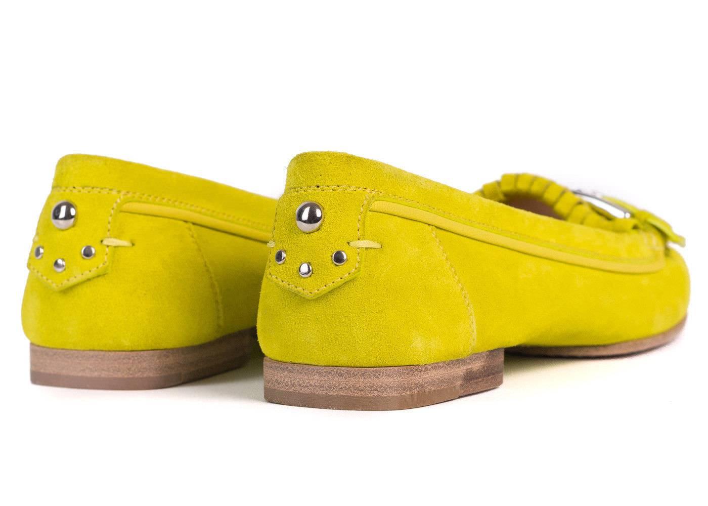 Gianvito Rossi Chartreuse Green Suede Studded Buckle Moccasin In New Condition For Sale In Brooklyn, NY