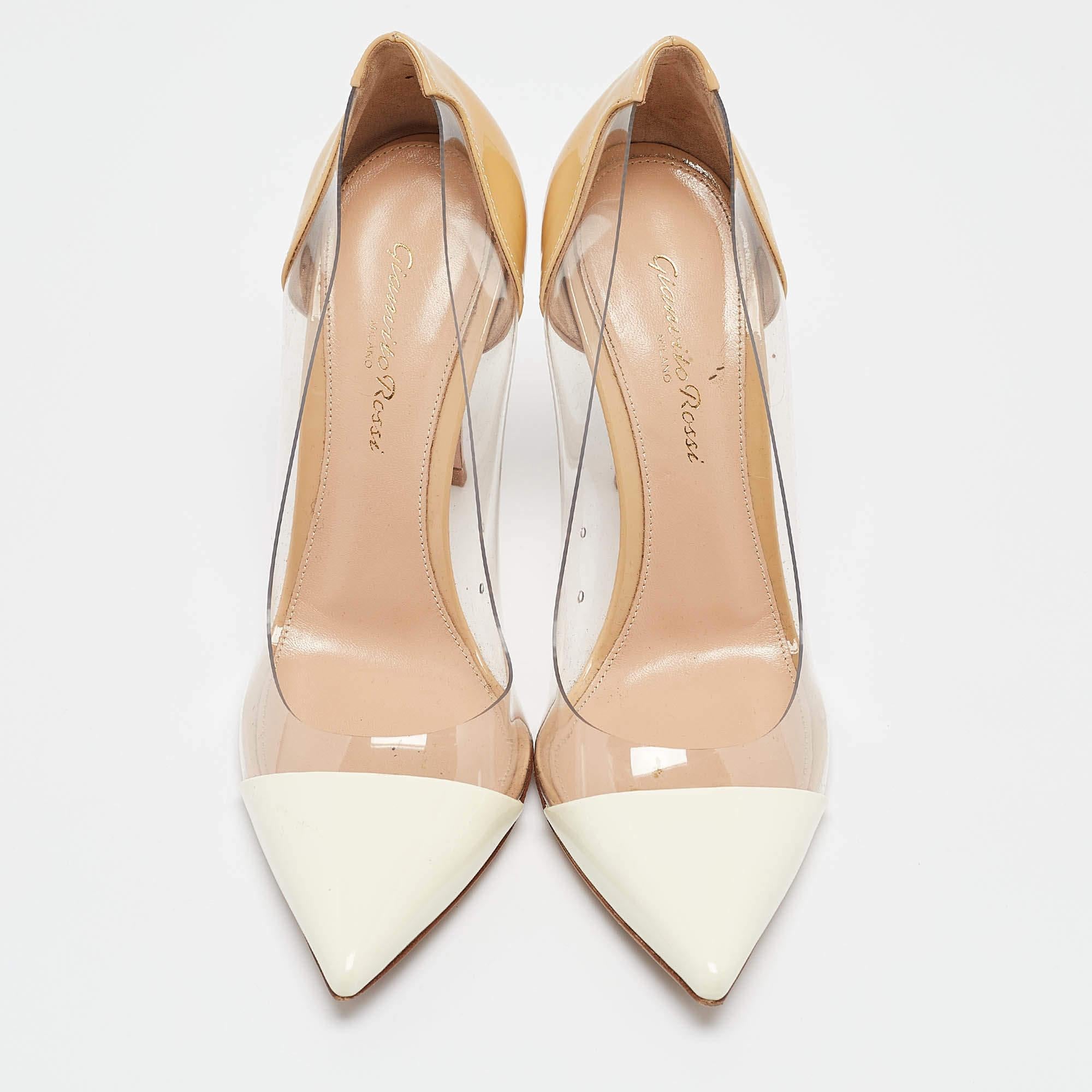 Gianvito Rossi Cream/Beige Patent Leather and PVC Plexi Pumps Size 38 In Good Condition In Dubai, Al Qouz 2
