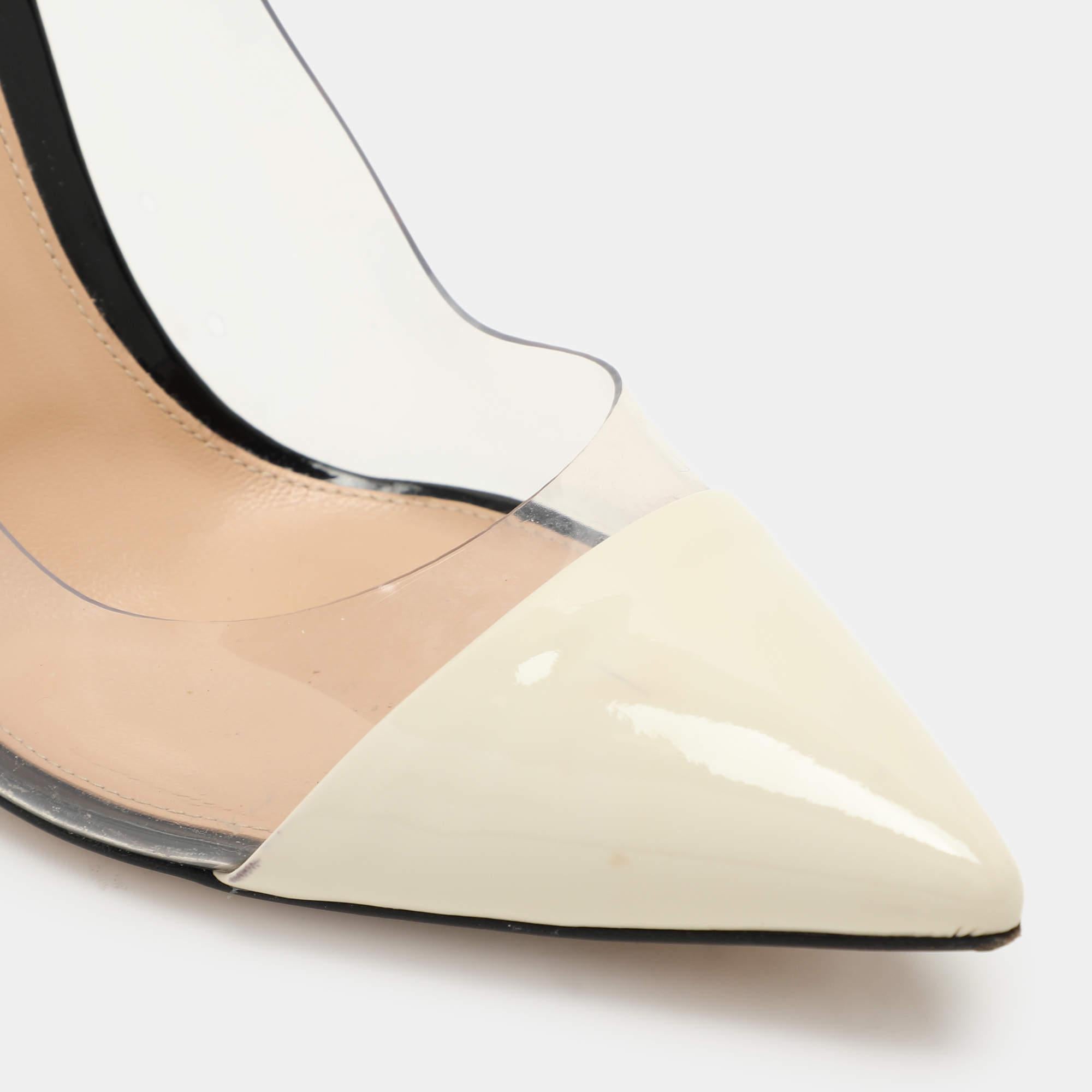 Gianvito Rossi - Escarpins en cuir verni crème/noir et plexi PVC Taille 40 en vente 2