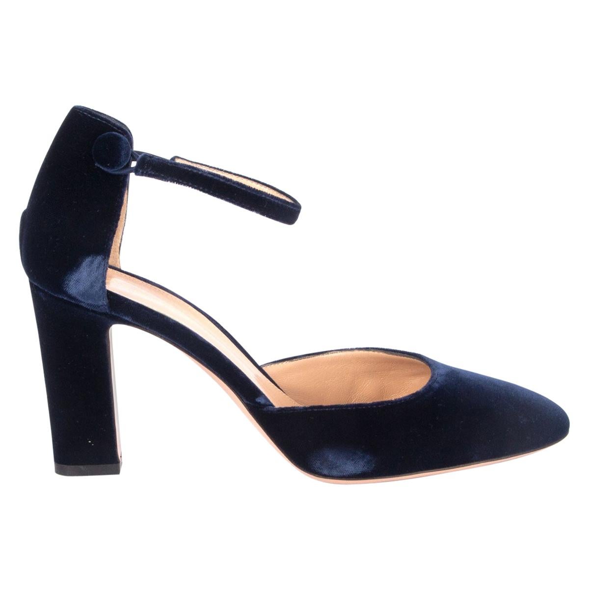 GIANVITO ROSSI dark blue Velvet Mary-Jane BLOCK HEEL Pumps Shoes 38.5