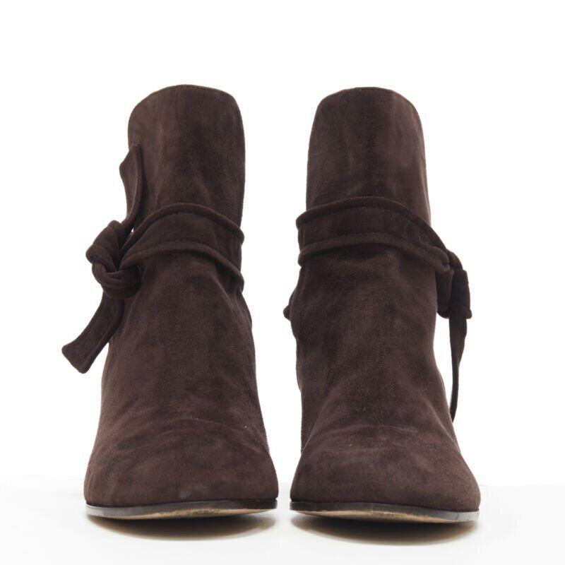 Black GIANVITO ROSSI dark brown suede wrap tie chunky block heel ankle boot EU37 US7 For Sale