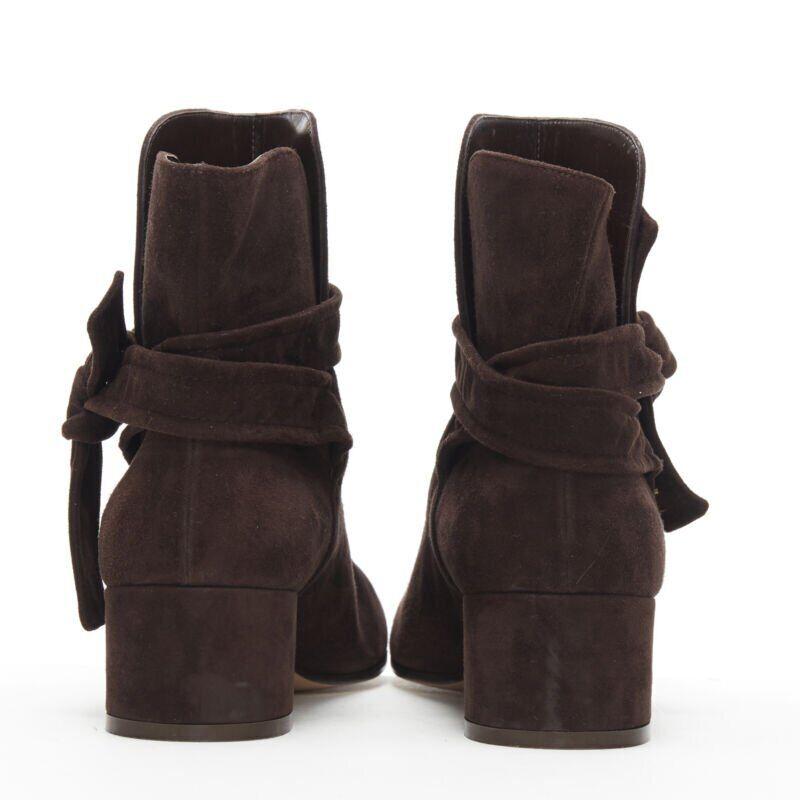 Women's GIANVITO ROSSI dark brown suede wrap tie chunky block heel ankle boot EU37 US7 For Sale