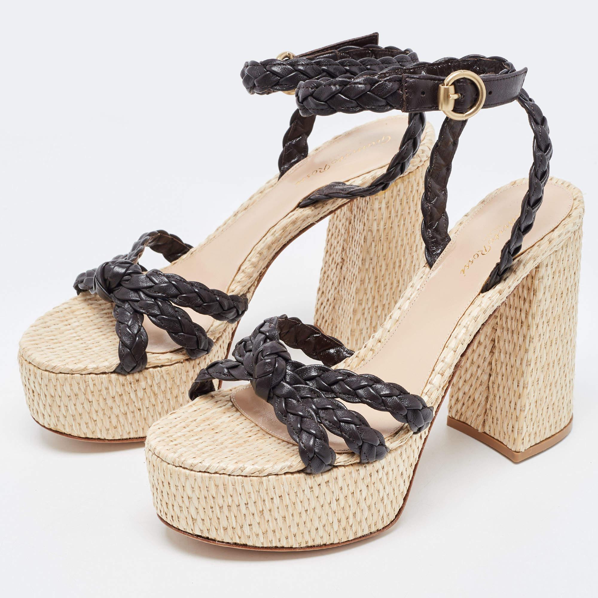 Gianvito Rossi Dark Brown Woven Leather and Raffia Ankle Strap Sandals Size 40 For Sale 3