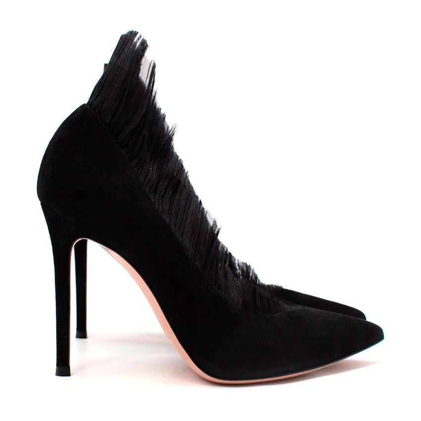 Gianvito Rossi Divine Black Suede & Ruffled Tulle Pumps

- Signature Gianvito Rossi point-toe pump trimmed in finely pleated tulle, to gently surround the foot and ankle
- Fine black suede upper
- Set on a stiletto heel
- Slip-on