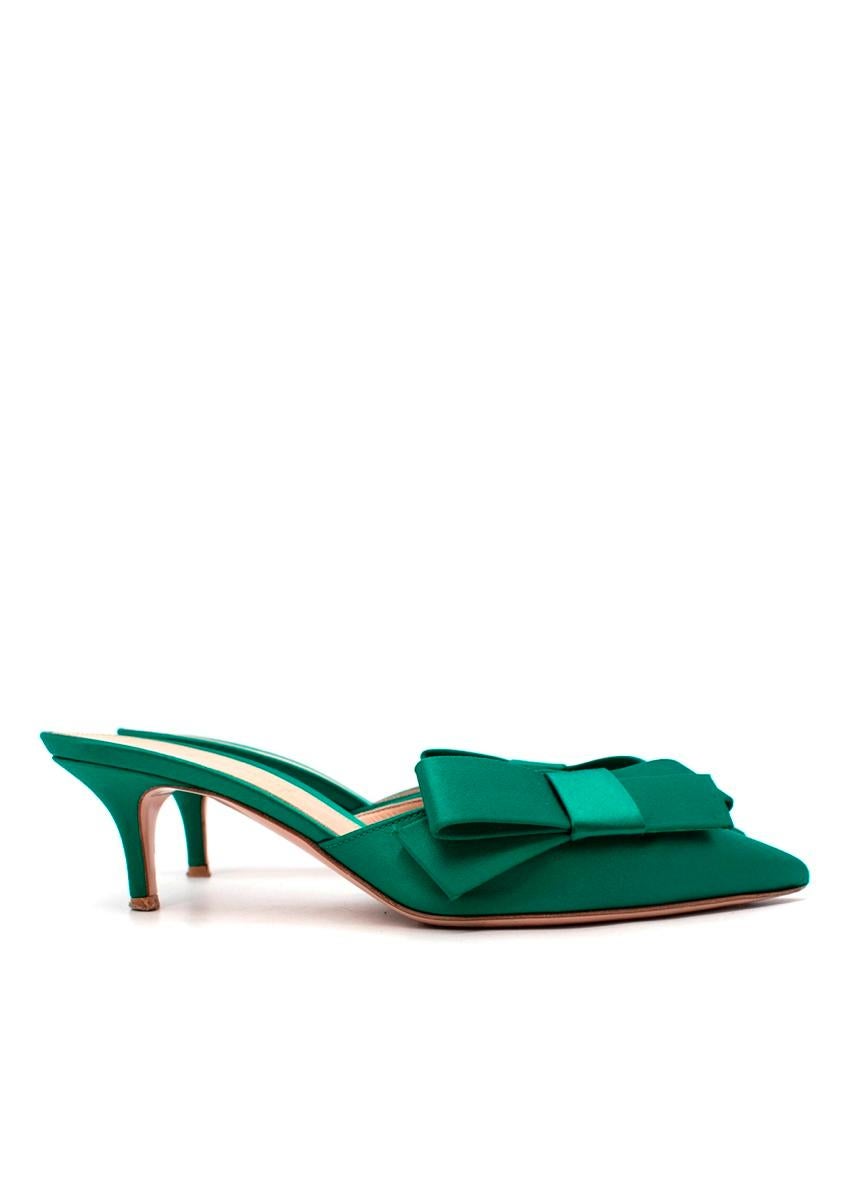 Gianvito Rossi Emerald Green Satin Kyoto Bow Heeled Mules

- Satin covered mid-heeled mules in vibrant emerald green
- Adorned with a tonal satin flat bow
- Leather lined, leather sole

Materials: 
Exterior in satin
inner and outer sole in leather