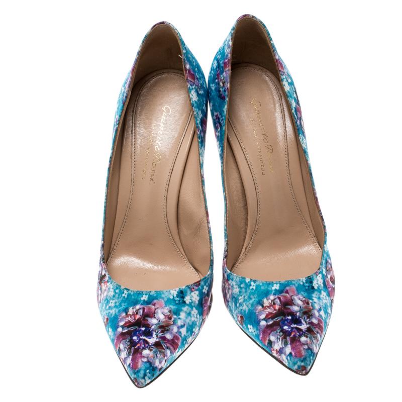 Gray Gianvito Rossi For Mary Multicolor Floral Fabric Pointed Toe Pumps Size 38.5